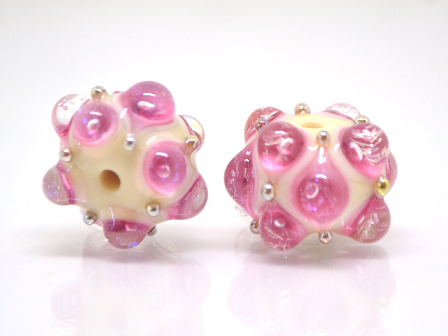 Pink beige handmade glass bead, 10mm glass beads, Pink lampwork, Artisan lampwork, Pink Beads for bracelet, Jewelry beads