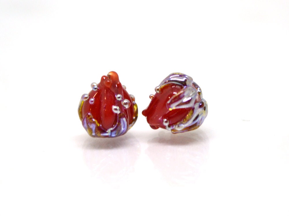 Deep red 7mm floral lampwork beads, Red and Silver flower beads, Small glass beads, Half drilled beads, Tiny glass beads, Bordeaux beads