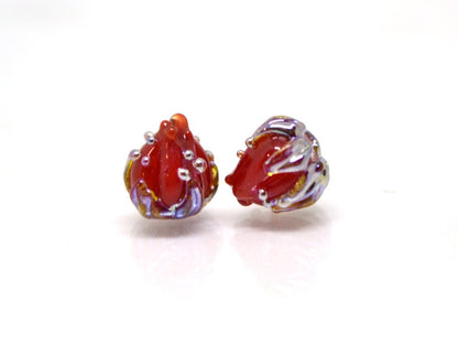 Deep red 7mm floral lampwork beads, Red and Silver flower beads, Small glass beads, Half drilled beads, Tiny glass beads, Bordeaux beads