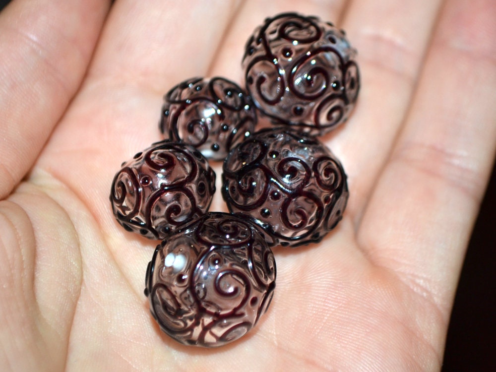 Clear hollow glass beads with black curls, Textured lampwork beads, Transparent clear beads, Artisan Lampwork