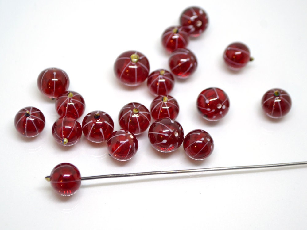 Lampwork Red currant beads, Gloss glass berries, Lampwork berry, Glass Redcurrant, Red berries white stripes, half-drilled beads