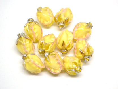 Yellow pink glass beads, Lampwork flower beads, Glass floral bead, Murano glass bead, Artisan lampwork, beads for jewelry, Handmade lampwork