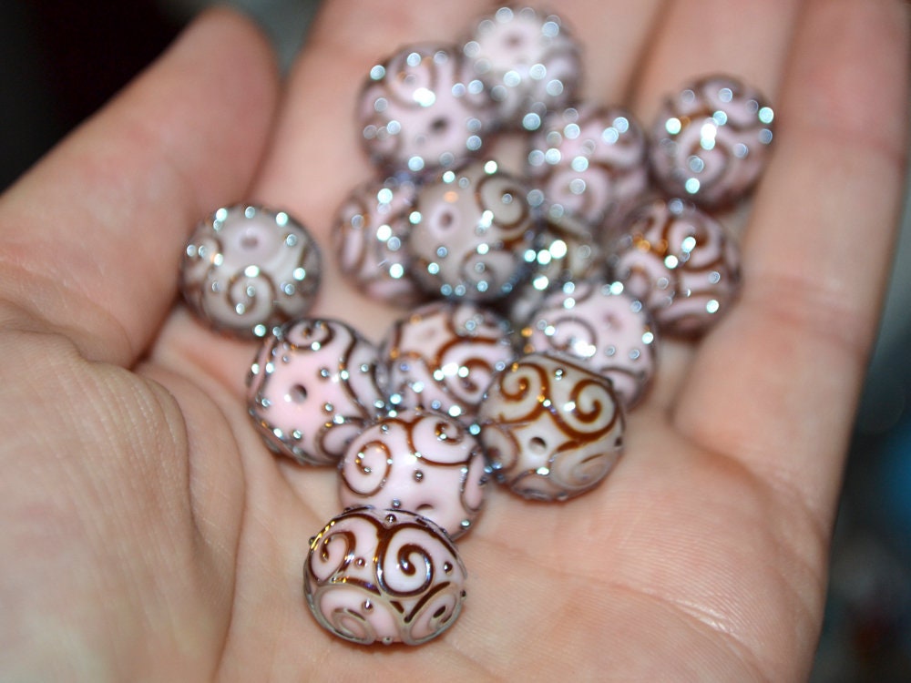 Pale pink beads with silver curls, Handmade glass beads, Artisan lampwork Set, SRA beads, Round beads, Jewelry making, Beads set