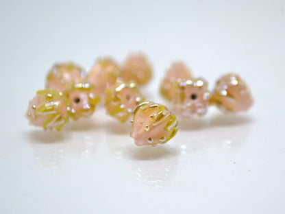 Pink gold floral beads, Peach bud flower beads, Tiny glass beads, Pastel pink 7mm flower beads, Artisan lampwork