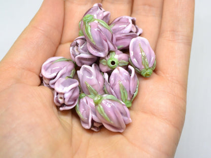 Lampwork Magnolia, Glass flower beads, Lilac glass floral beads, Artisan lampwork, Pastel pink bead, Focal glass beads, Handmade lampwork