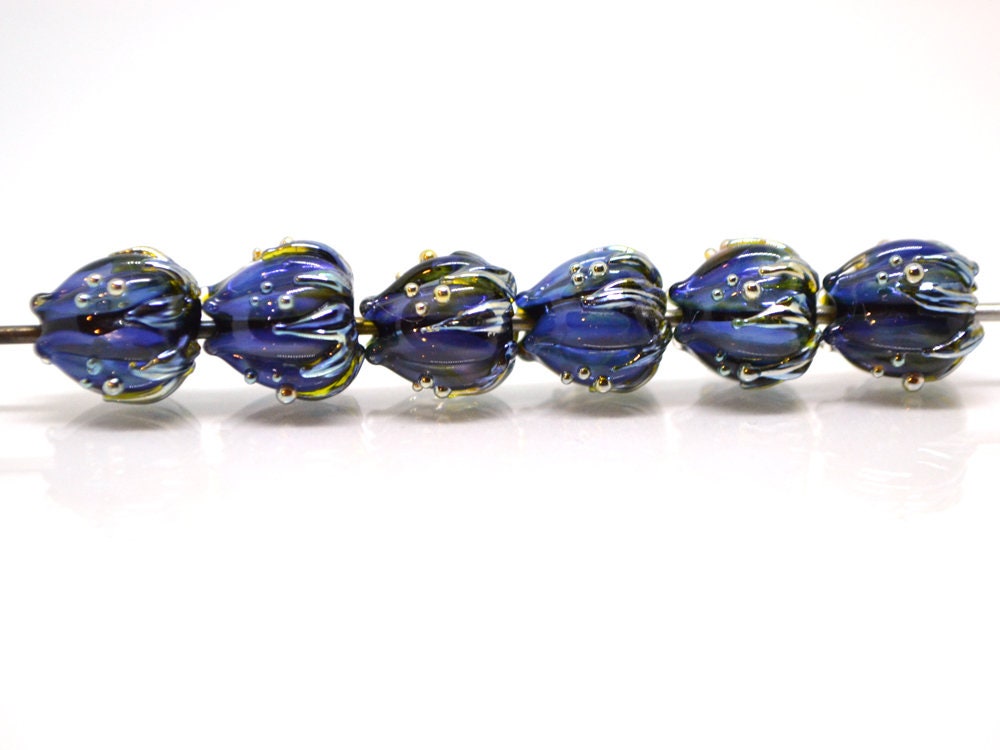 Blue black flower glass beads, Artisan lampwork floral beads, 10mm flower beads, space beads, Floral lampwork, Black flower blue silver