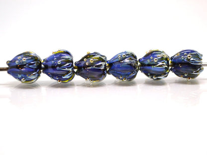 Blue black flower glass beads, Artisan lampwork floral beads, 10mm flower beads, space beads, Floral lampwork, Black flower blue silver