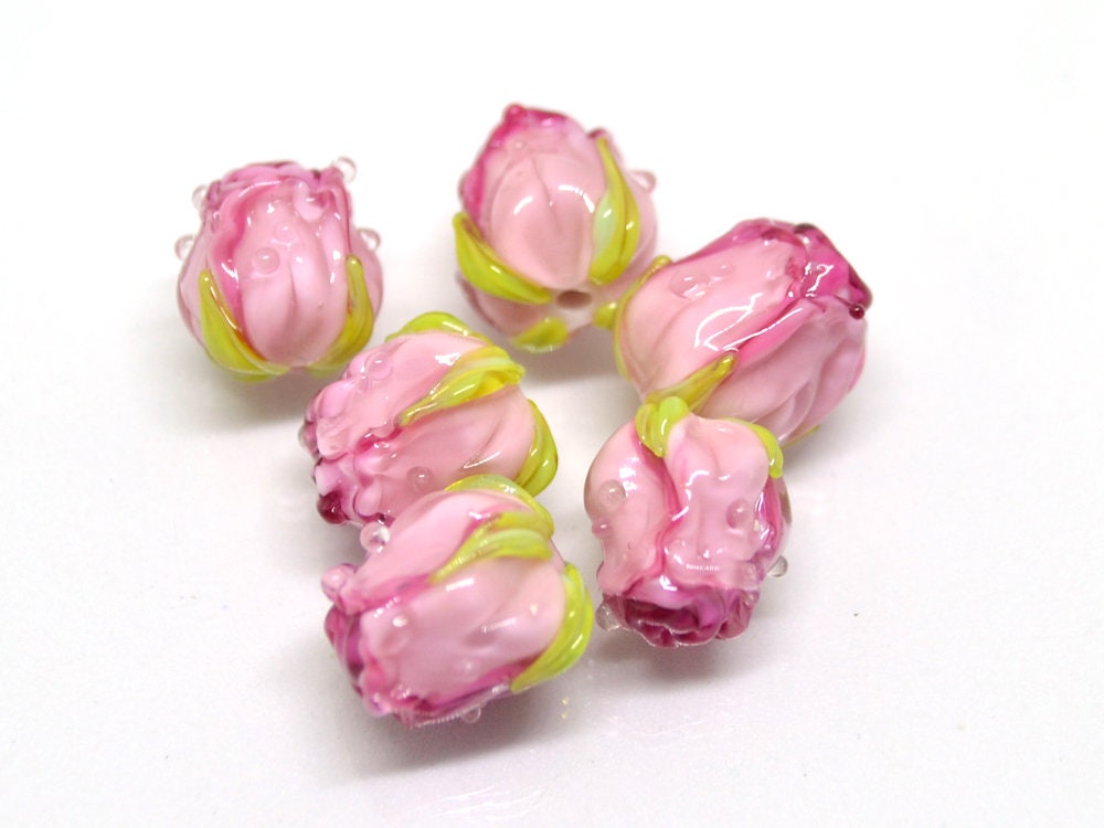Bright Pink rosebud beads, Ombre glass beads, Gradient floral lampwork, Pink glass beads, Handmade glass beads, Lampwork one bead