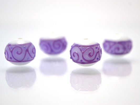 white purple lampwork glass rondelle bead handmade artisan lampwork bead set jewelry making earrings violet curl texture swirl carved beads