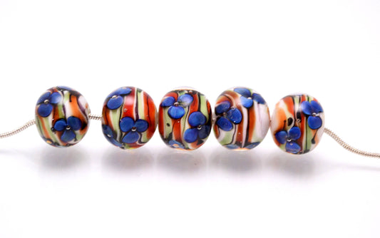 Lampwork glass bracelet making set bead for jewelry making lampwork artisan blue stripe bead blue flower bead glass art handmade bead set