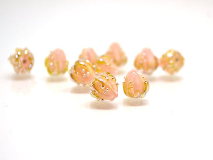 Pink gold floral beads, Peach bud flower beads, Tiny glass beads, Pastel pink 7mm flower beads, Artisan lampwork