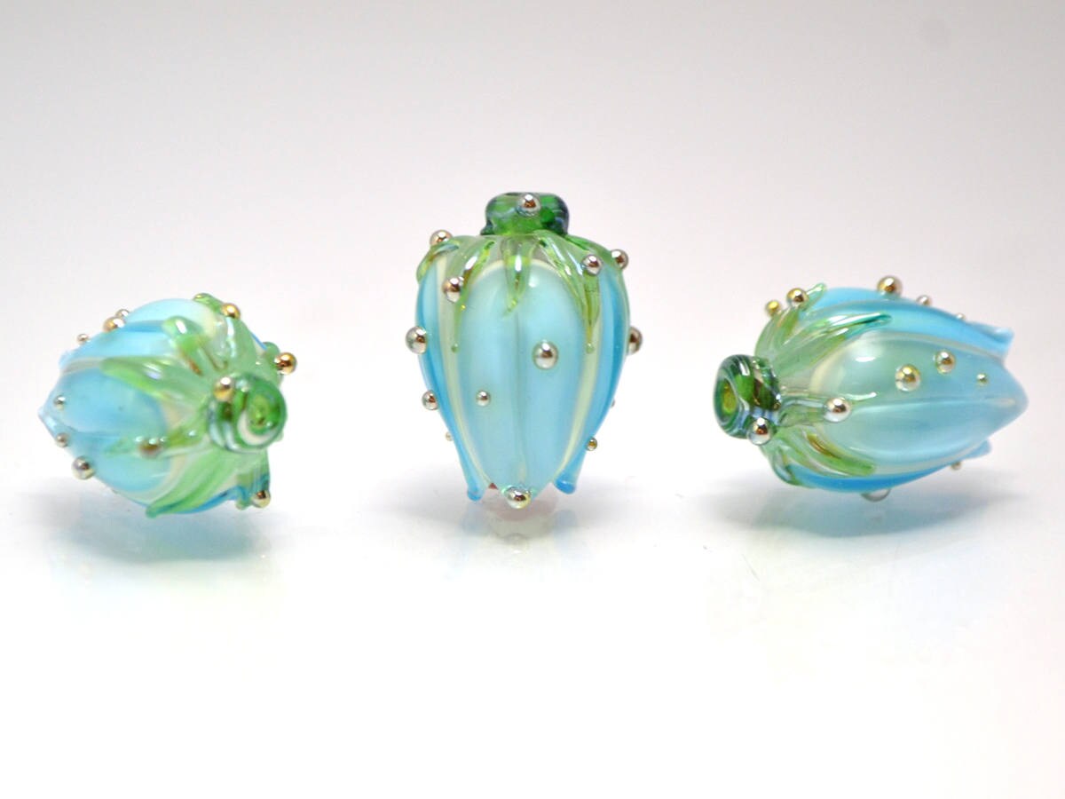 sky blue flower lampwork beads artisan lampwork wedding floral glass Bud blossom beads for earrings rose silver blue beads something blue