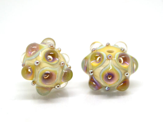 Beige purplish Lampwork bead, Ivory glass beads, Pastel lampwork beads, Focal beads, Artisan lampwork, Handmade bead, Rondelle beads