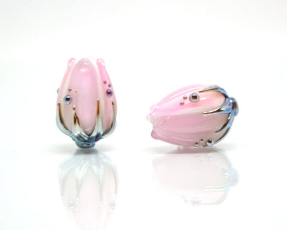 Milk pink and gold flower glass beads, Floral lampwork, Beads for jewelry, Artisan lampwork, Light pink beads, Handmade glass beads for you