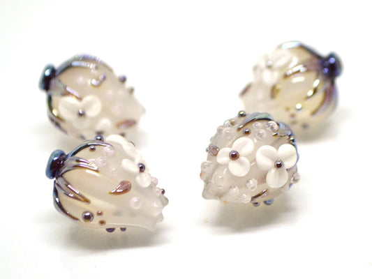White Glass flower bouquet on lampwork bud beads, Miniature flowers, Glass miniature, Artisan lampwork, White silver glass flower beads