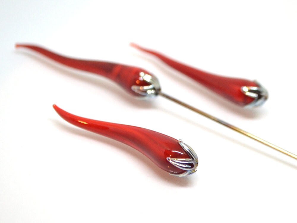 Red chili peppers, Lampwork chili beads, Red silver beads, Half-drilled beads, Vegetable beads, Farm beads