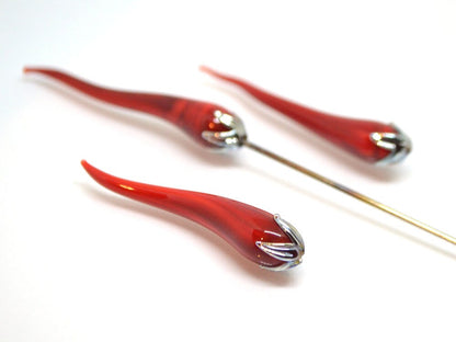 Red chili peppers, Lampwork chili beads, Red silver beads, Half-drilled beads, Vegetable beads, Farm beads