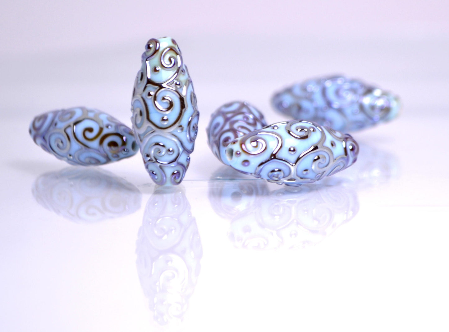 sky blue lampwork handmade bead oval swirl jewelry making artisan heavenly set silver mirror texture pendant curl rhombus wedding angelical