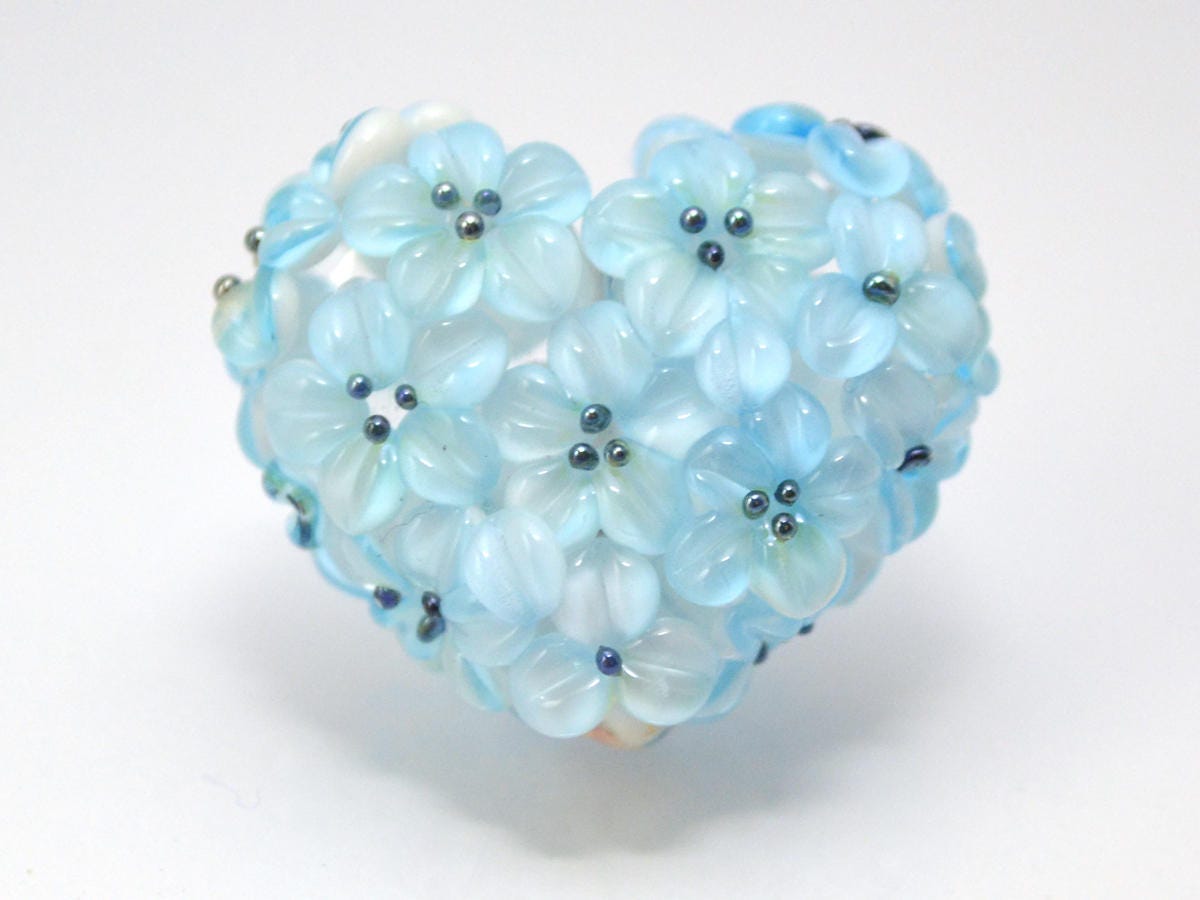 flower lampwork wedding jewelry making heart bead something blue romantic pendant handmade blue flower bead artisan lampwork floral glass