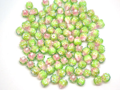 White and pink glass flower beads, 7mm flower bead, Gradient glass beads, Floral lampwork, Tiny beads, Pink beads with green leaves