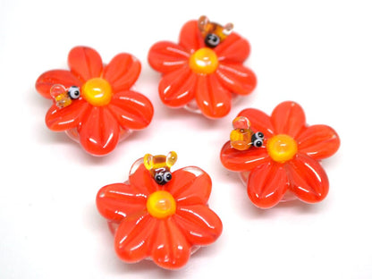 Lampwork Chamomile flower beads with bee, Red glass beads, Floral lampwork, Lentils beads, Summer glass beads, Artisan lampwork, red flower