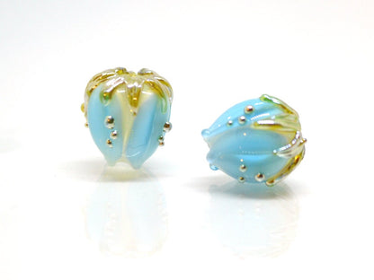 Lampwork glass flower beads 10mm, Light aquamarine flower buds with green gold leaves, Handmade lampwork, blue glass beads, Something blue