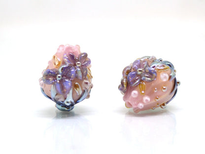 Pink lavender flower bouquet bud beads, Glass Flower beads, Floral lampwork, 3d Flower beads, Miniature glass flowers, Artisan lampwork bead