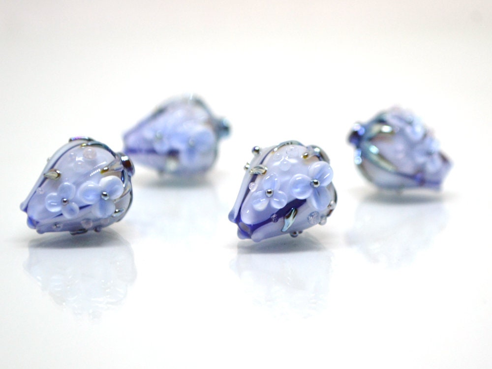 Blue Glass flower bouquet on lampwork bud beads, Pale blue lampwork beads, Miniature flowers, Something blue