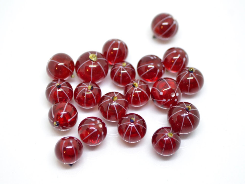 Lampwork Red currant beads, Gloss glass berries, Lampwork berry, Glass Redcurrant, Red berries white stripes, half-drilled beads