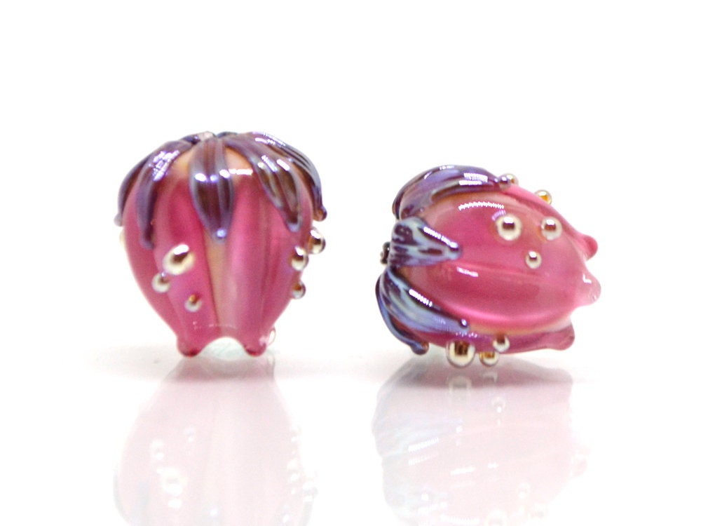 Bright pink flower beads silver, 10mm flower beads, lampwork rose buds, floral theme beads, Floral lampwork, Lampwork bead set, Handmade