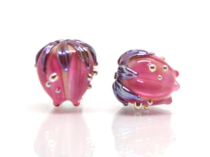 Bright pink flower beads silver, 10mm flower beads, lampwork rose buds, floral theme beads, Floral lampwork, Lampwork bead set, Handmade