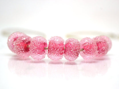 Ruby rose frosted glass beads, Frosted pink beads, Gumball bead, sugar glass beads, Artisan lampwork, Rondelle bright pink, sparkle glass