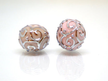Pale pink beads with silver curls, Handmade glass beads, Artisan lampwork Set, SRA beads, Round beads, Jewelry making, Beads set