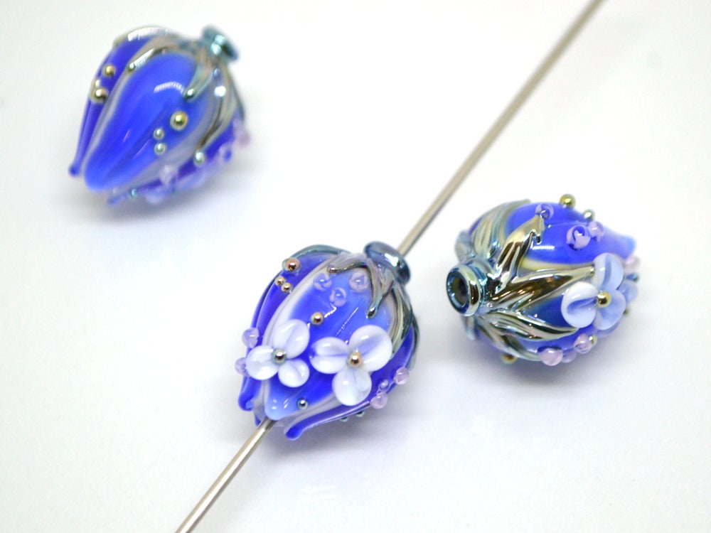 Cobalt flower bouquet lampwork beads, Sapphire lampwork beads, Artisan lampwork, 3d flower beads