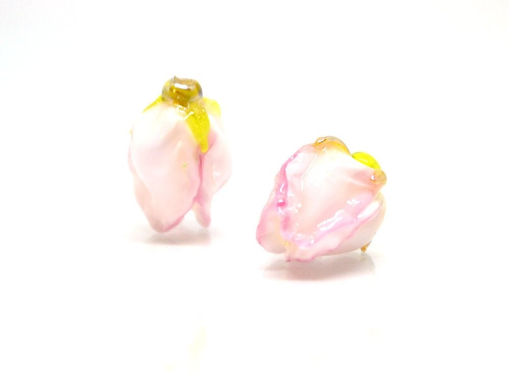 White pink flower lampwork bud beads, Handmade lampwork, Floral lampwork, Made to Order