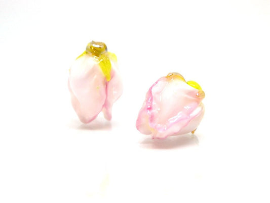White pink flower lampwork bud beads, Handmade lampwork, Floral lampwork, Made to Order
