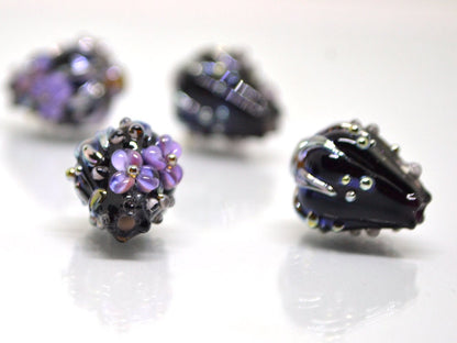 Purple black flower bouquet lampwork beads, Lampwork earrings DIY, SRA lampwork, Artisan lampwork, Designer beads, 17-21mm glass beads