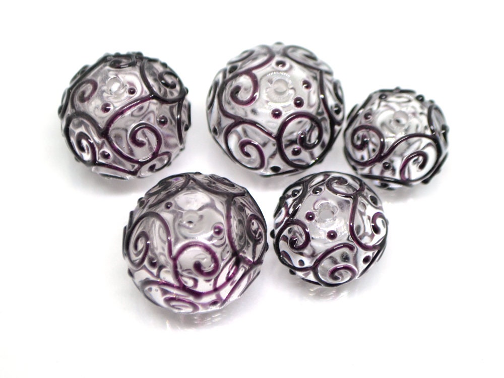 Clear hollow glass beads with black curls, Textured lampwork beads, Transparent clear beads, Artisan Lampwork