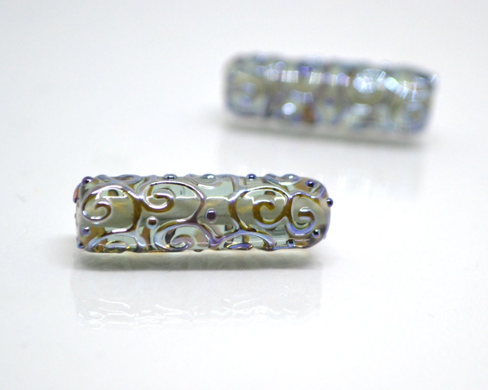 Gray lampwork tube bead, Silver mirror swirl transparent bead, Jewelry making supply, Artisan lampwork, Textured beads, Focal beads, Smoky