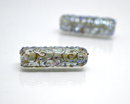Gray lampwork tube bead, Silver mirror swirl transparent bead, Jewelry making supply, Artisan lampwork, Textured beads, Focal beads, Smoky