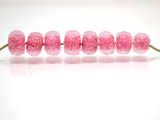 Ruby rose frosted glass beads, Frosted pink beads, Gumball bead, sugar glass beads, Artisan lampwork, Rondelle bright pink, sparkle glass