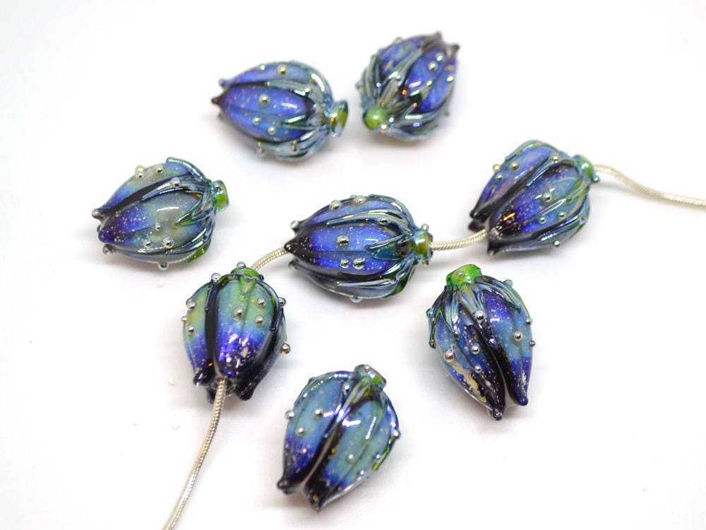 glitter blue glass beads dark blue purple sparkle bead bling beads stardust beads flower lampwork bead floral pendant sparkly dichroic glass