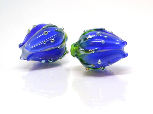 cobalt blue glass flower beads for jewelry blue flower earrings blue lampwork beads blue flower bud handmade beads earrings pair cobalt blue