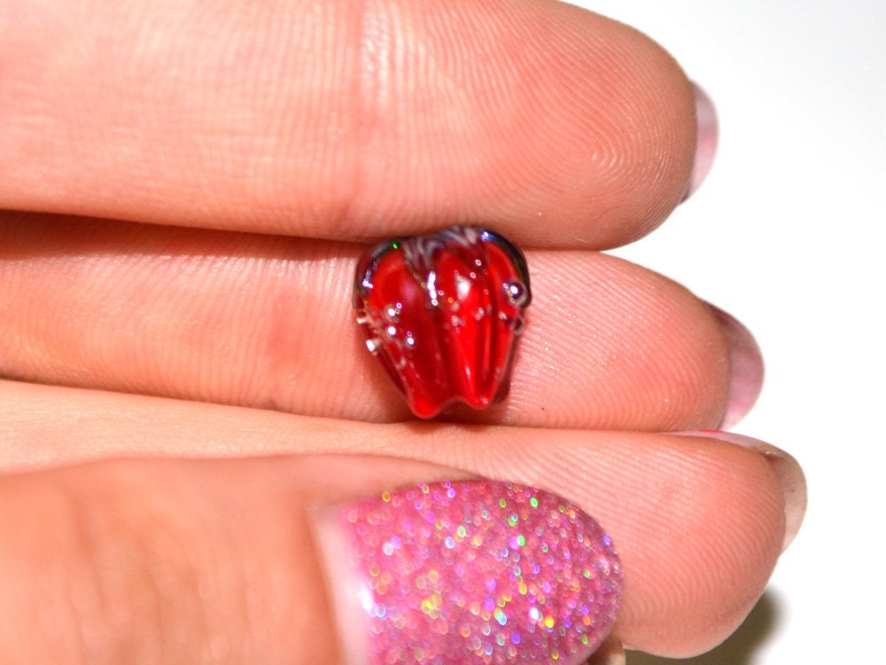 Bright red sparkle flower beads with silver dots, Floral lampwork, 10mm glass beads