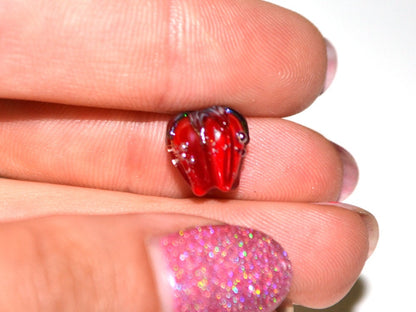 Bright red sparkle flower beads with silver dots, Floral lampwork, 10mm glass beads