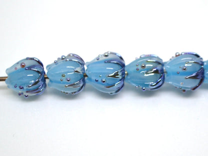 Pastel blue flower beads silver, 10mm glass beads, Flower lampwork bead, Floral lampwork, Artisan lampwork, Beads for Jewelry supplies, Bead