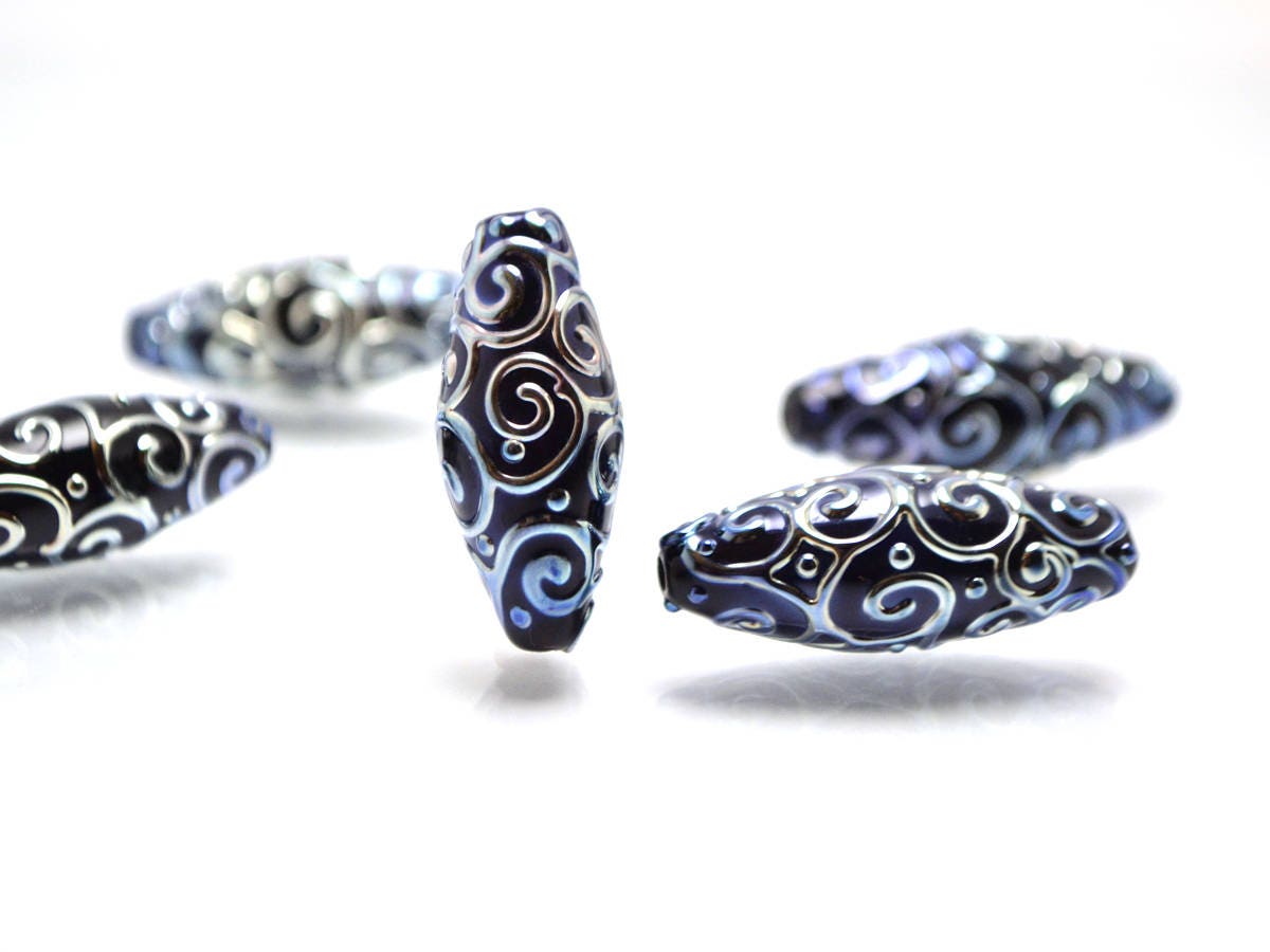 black and silver artisan lampwork beads set  oval beads jewelry making rhombus curls bead chic sparkly beads large beads christmas bead