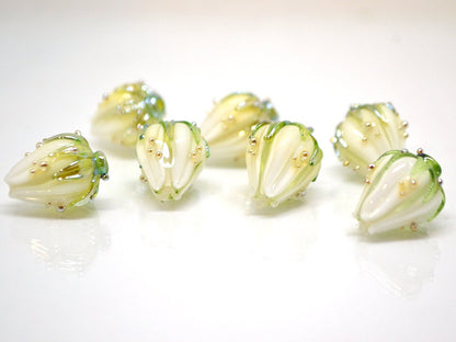 White flower beads with green leaves, Wedding jewelry making, Artisan Lampwork, DIY Earrings, Floral lampwork, Bridal jewelry making