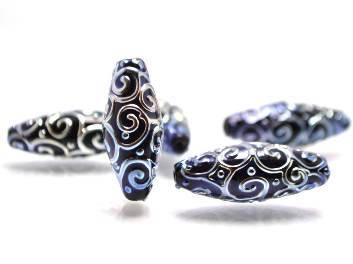 black and silver artisan lampwork beads set  oval beads jewelry making rhombus curls bead chic sparkly beads large beads christmas bead