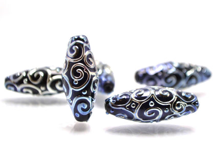 black and silver artisan lampwork beads set  oval beads jewelry making rhombus curls bead chic sparkly beads large beads christmas bead